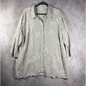 Susan Graver Button Down Women 2X Beige Floral Leaf Linen Blend 3/4 Sleeve Top